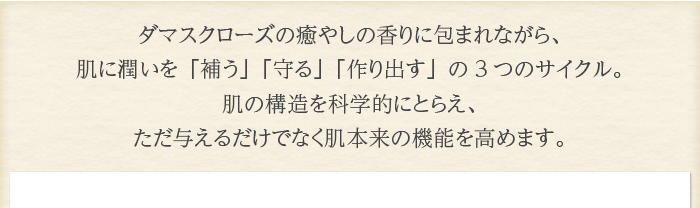 ダマスクローズの癒やしの香りに包まれながら、肌に潤いを「補う」「守る」「作り出す」の3つのサイクル。肌の構造を科学的にとらえ、ただ与えるだけでなく肌本来の機能を高めます。