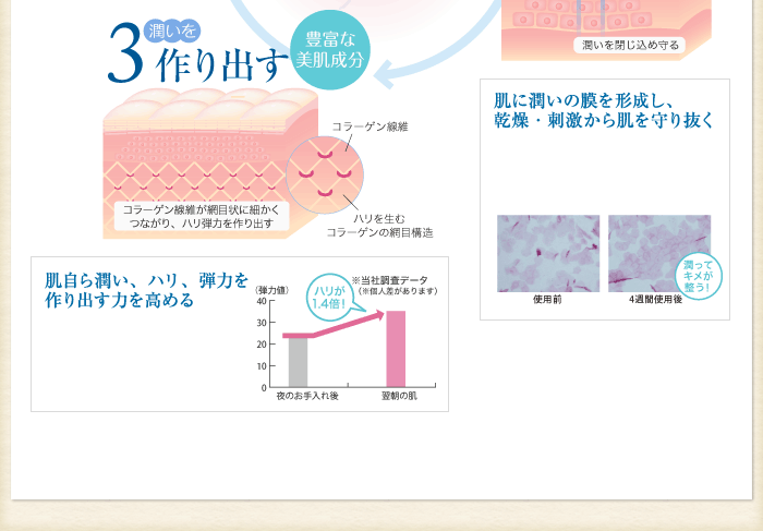 3.潤いを「作り出す」豊富な美肌成分　肌自ら潤い、ハリ、弾力を作り出す力を高める