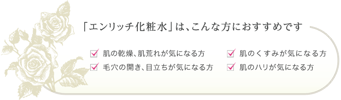 「エンリッチ化粧水」はこんな方におすすめです。肌の乾燥、肌荒れが気になる方、肌のくすみが気になる方、毛穴の開き、目立ちが気になる方、肌のハリが気になる方