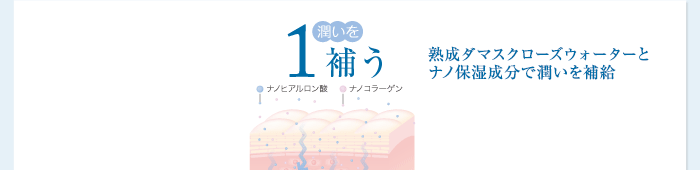 1.潤いを「補う」 熟成ダマスクローズウォーターとナノ保湿成分で潤いを補給